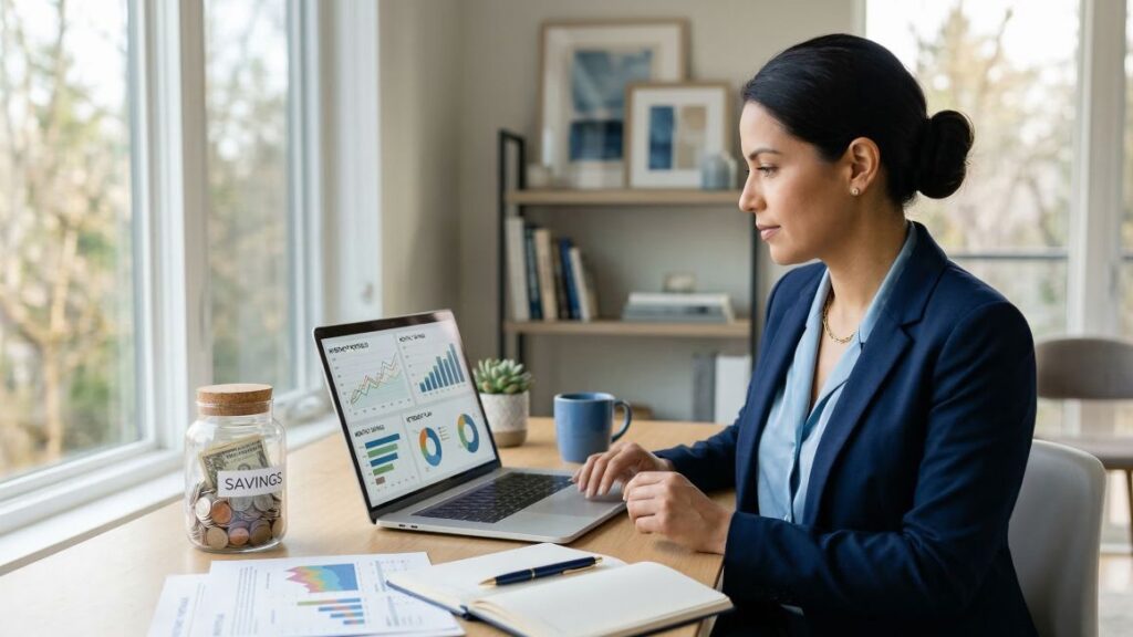 Persona revisando gráficos financieros en una laptop junto a un frasco de ahorro representando la combinación de ahorro e inversión en un portafolio financiero personal.