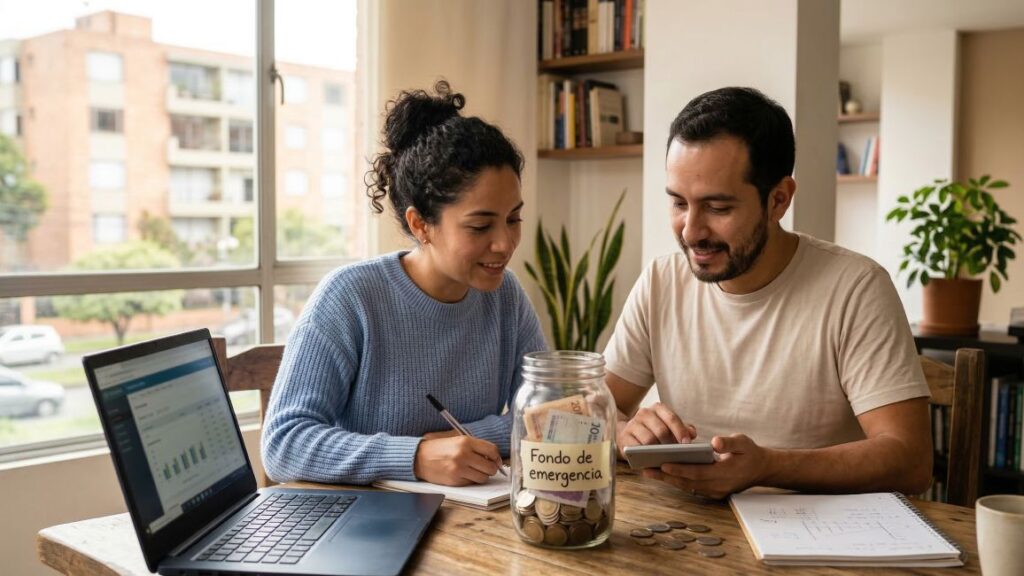 Pareja revisando sus finanzas junto a un frasco de ahorro para fondo de emergencia como parte de su planeación financiera.
