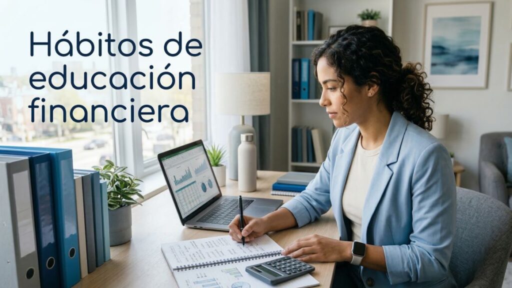 Persona revisando sus finanzas personales en un escritorio con computadora y calculadora representando hábitos de educación financiera.