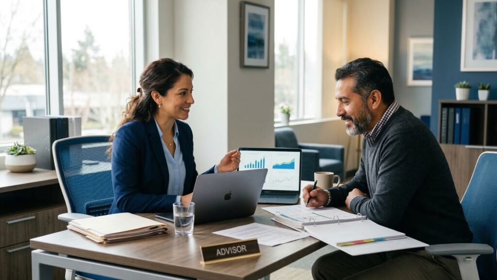 Asesor financiero conversando con un cliente en una oficina mientras revisan documentos y planean estrategias financieras.