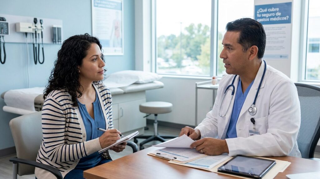 Paciente conversando con un médico en un hospital representando la cobertura de un seguro de gastos médicos mayores en México.