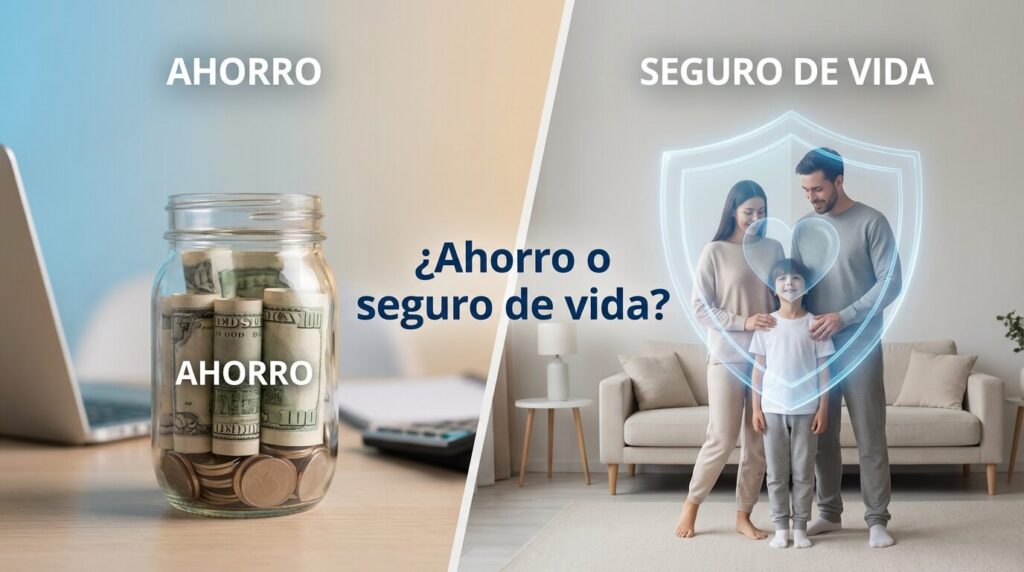 Comparación visual entre ahorro y seguro de vida mostrando un frasco con dinero y una familia protegida representando la decisión financiera.