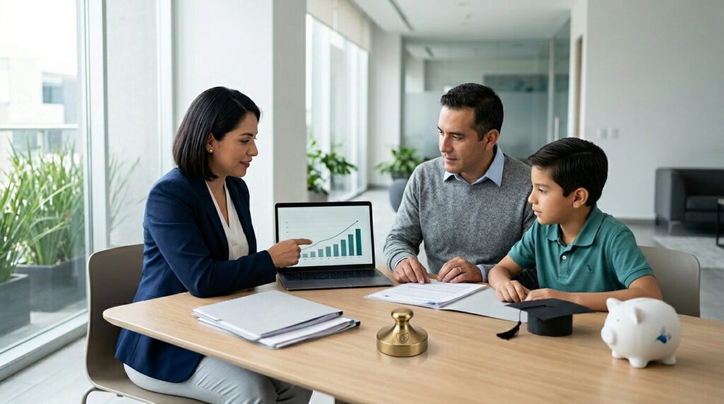 Familia mexicana revisando un seguro de gastos médicos mayores antes de contratarlo.