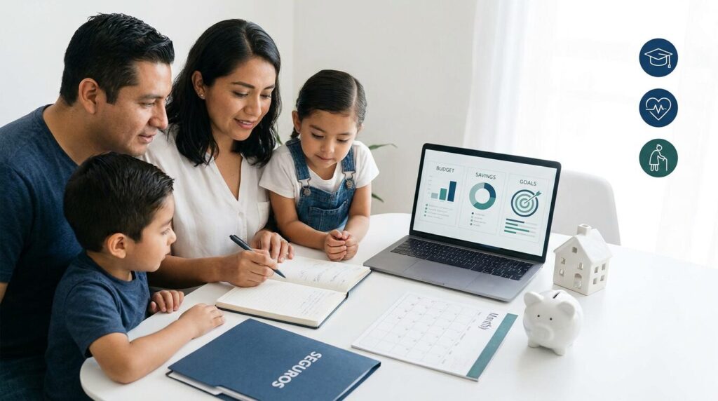 Familia mexicana creando un plan financiero familiar con presupuesto, ahorro, seguros y metas patrimoniales.