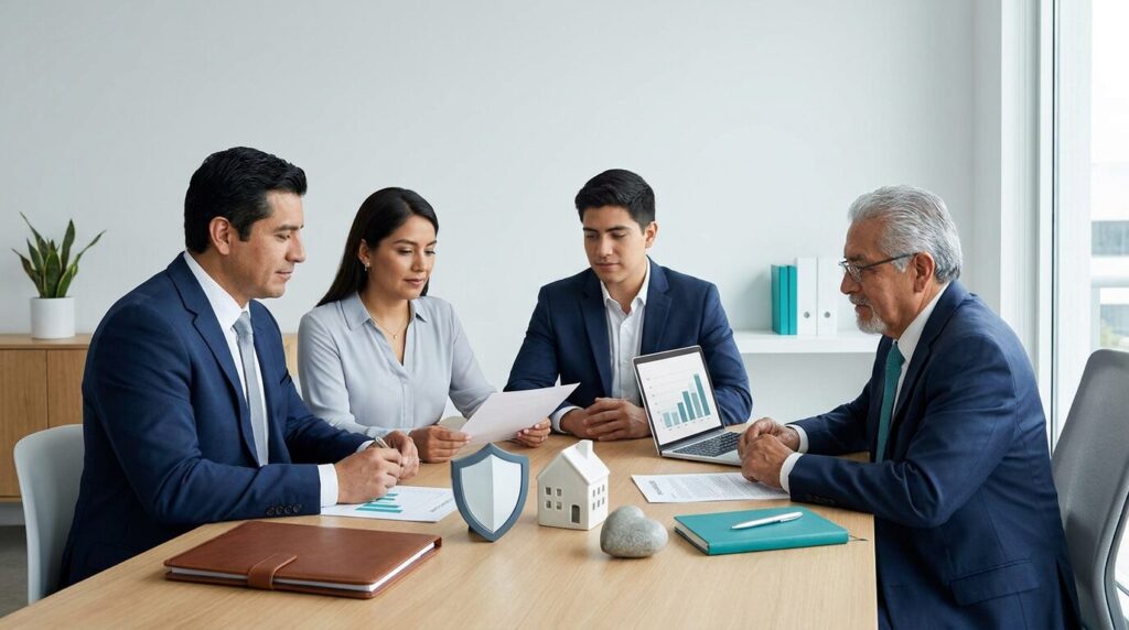 Familia revisando su protección financiera, seguros, ahorro y documentos patrimoniales.