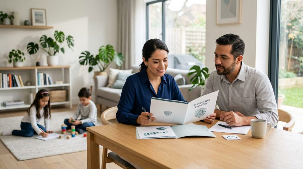 Mamá y papá revisando un seguro de vida familiar para proteger a sus hijos y dependientes económicos.