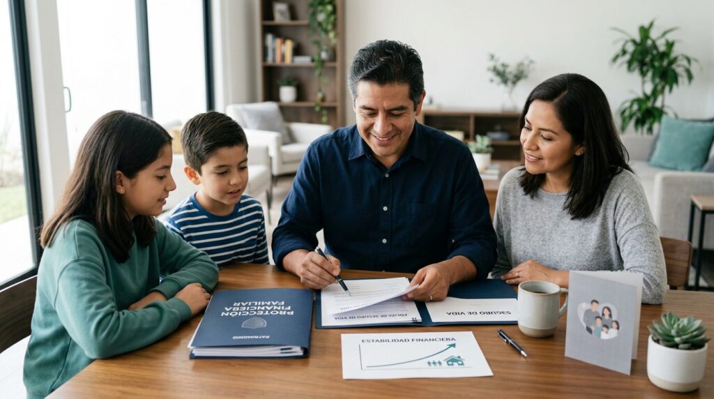 Papá mexicano revisando un seguro de vida para proteger el futuro financiero de su familia.