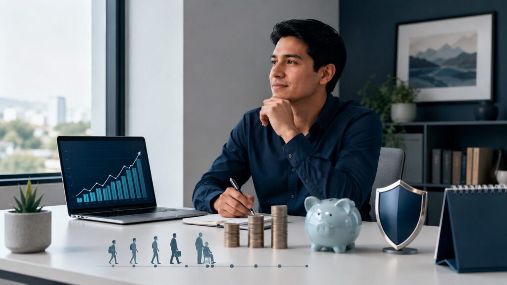 Persona joven comenzando su ahorro para el retiro con aportaciones constantes y planeación de largo plazo.