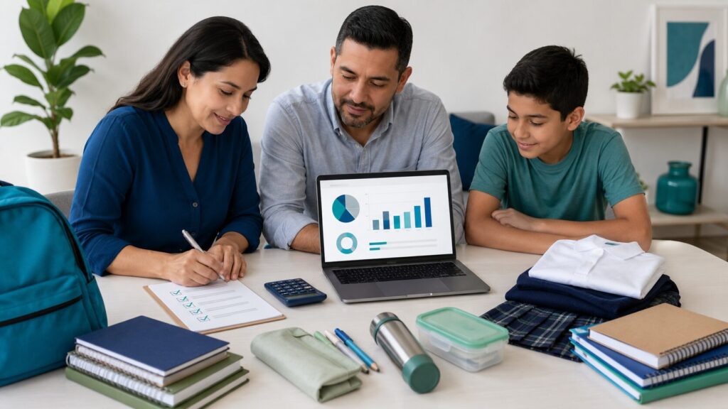 Familia organizando el presupuesto de regreso a clases para comprar útiles y uniformes sin endeudarse.