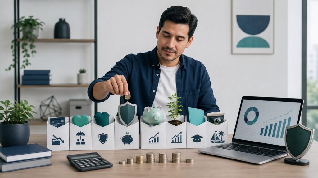 Persona distribuyendo un ingreso extra entre deudas, ahorro, seguros, inversión y metas familiares.