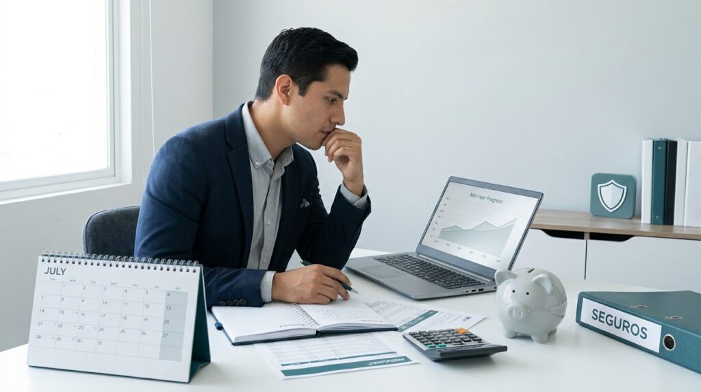 Persona revisando sus finanzas personales a mitad de año con presupuesto, ahorro, deudas y seguros.