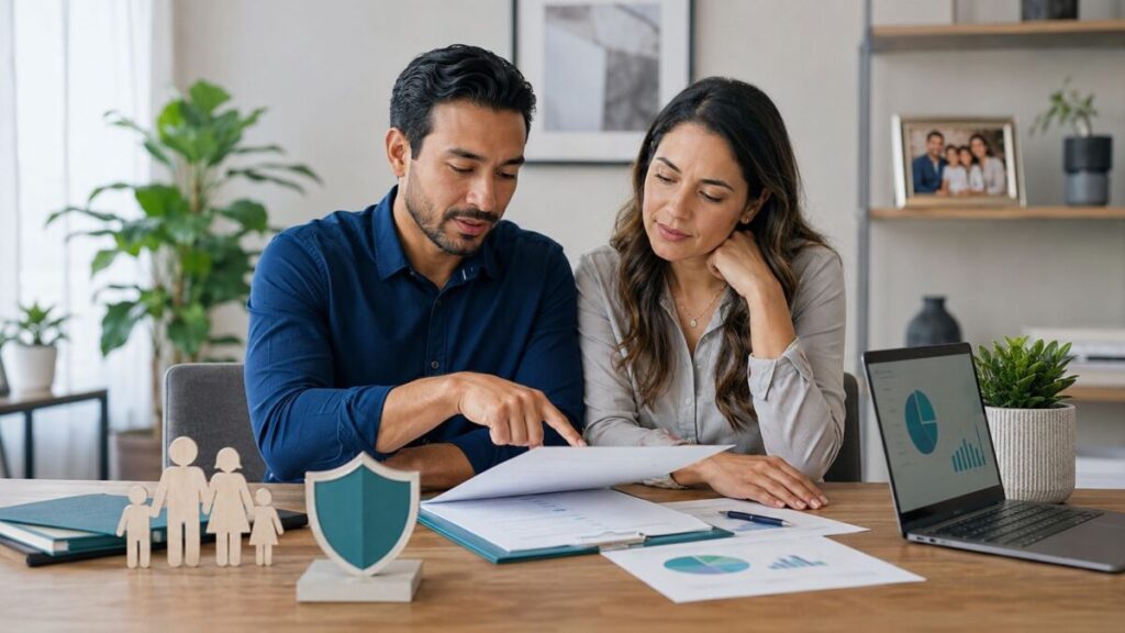 Familia revisando y actualizando los beneficiarios de un seguro de vida.
