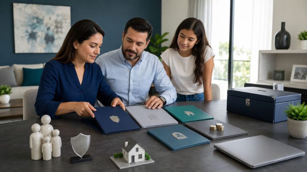 Familia organizando documentos, pólizas, testamento y cuentas para proteger su patrimonio familiar.