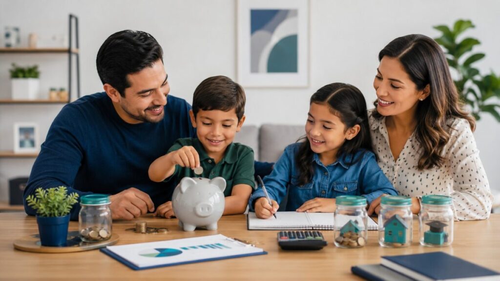 Familia enseñando educación financiera para niños mediante ahorro, presupuesto y metas.