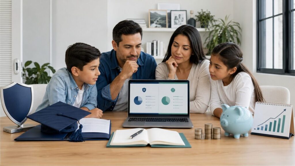 Familia comparando seguro educativo, ahorro e inversión para preparar la universidad de sus hijos.
