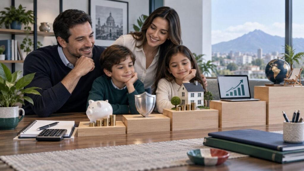 Familia mexicana construyendo independencia financiera mediante ahorro, seguros, inversión y control de deudas.