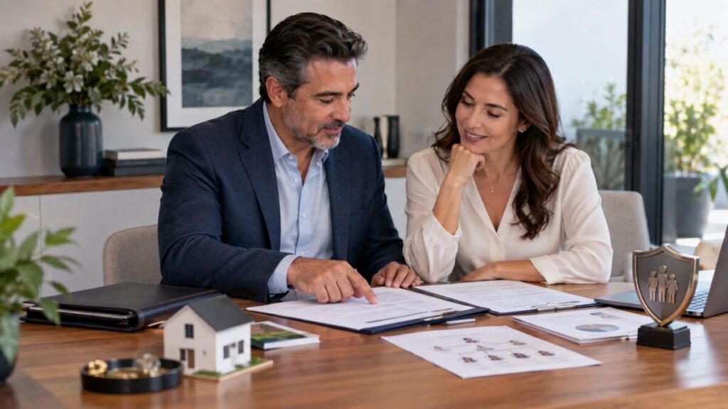 Pareja organizando seguros y testamento para proteger el patrimonio y el futuro de su familia.